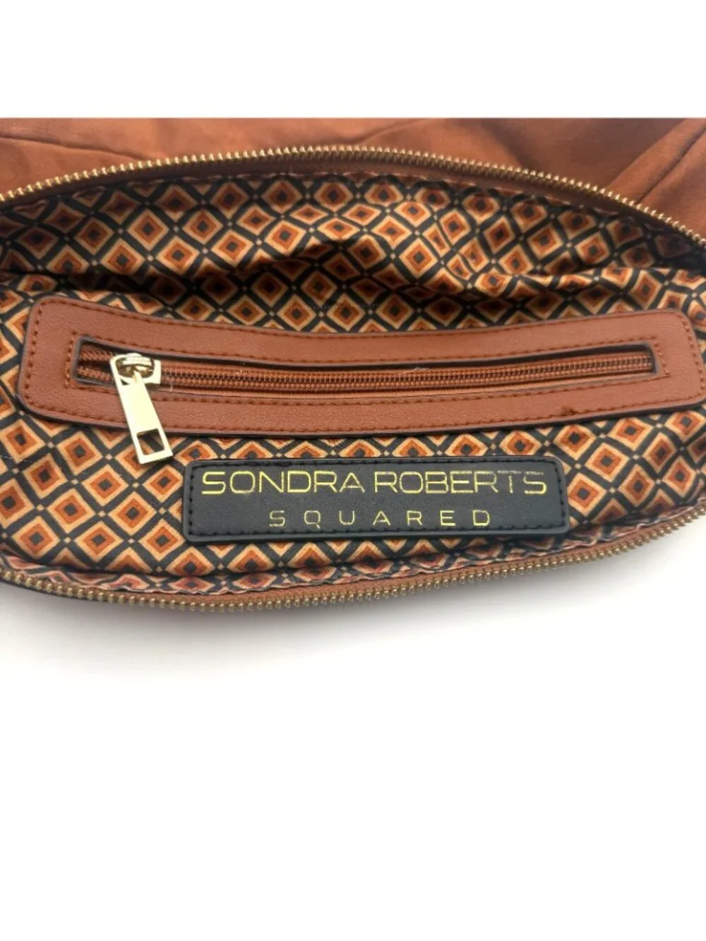 Sondra Roberts Squared Brown Slouch Hobo Shoulder Bag Faux Suede Zip Purse